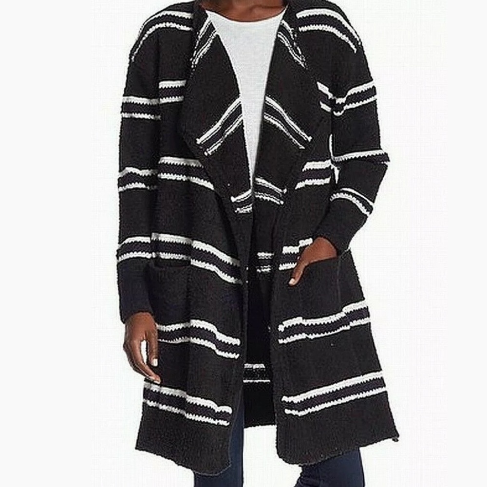 & Layered Black/White Womens Striped Open Sweater